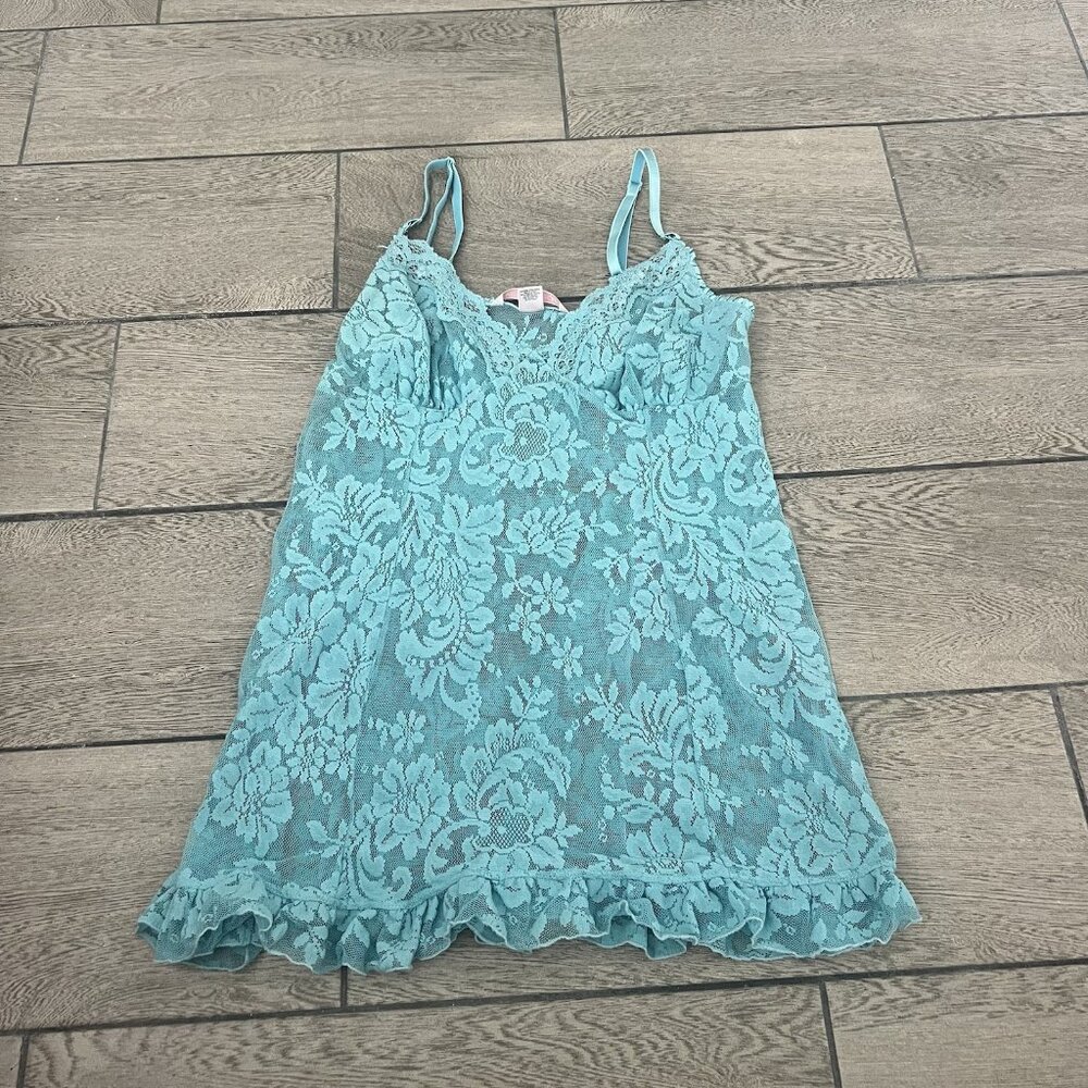 vintage victoria secret Baby Doll Sheer Lace Slip Teal Blue Large (089)